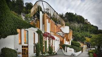 Exterior view of the Centre for Art in Vaduz with striking architecture, overgrown with ivy, in front of a wooded slope.
