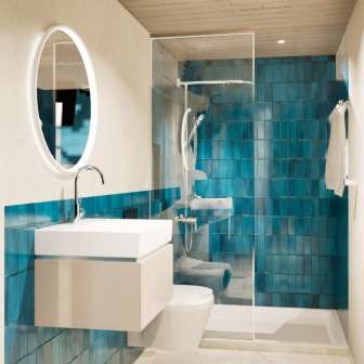 Badezimmer mit blauen Fliesen und begehbarer Dusche im Schiffli Boutique Apartment Rapperswil