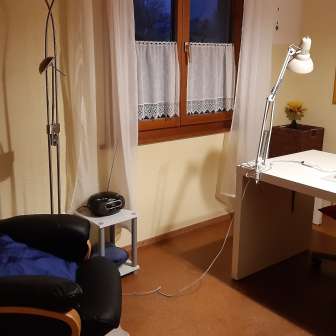 Ruhiger Arbeitsplatz im Studio in Eschen mit Schreibtisch, Leselampe und bequemen Sessel.