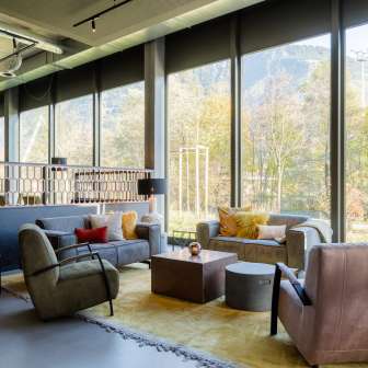 Inviting lounge area at the B&B Hotel Liechtenstein-Eschen with armchairs and sofas