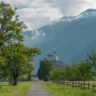 Blick auf die Burg Gutenberg und die umliegenden Berge